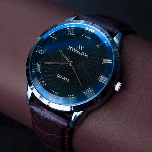 XENLEX Waterproof Luxury Quartz Watch for Men with Scratch-Resistant Glass and Leather Straps in Wooden Box