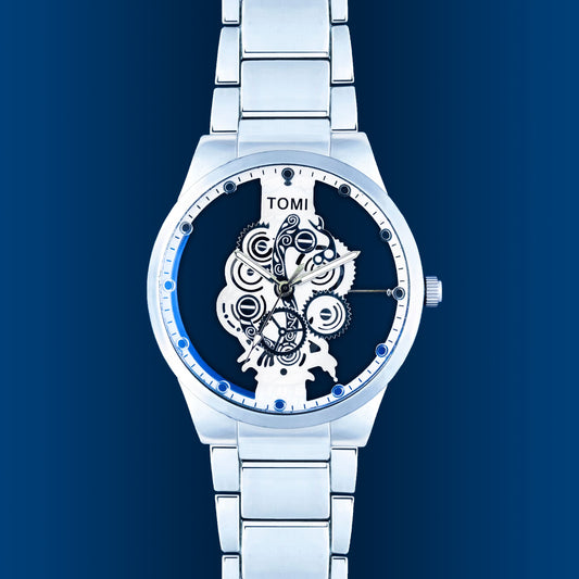 TOMI Skeleton Water Resistant Quartz Analog Watch for Men – Scratch-Resistant Glass & Stainless Steel Strap + Gift Box